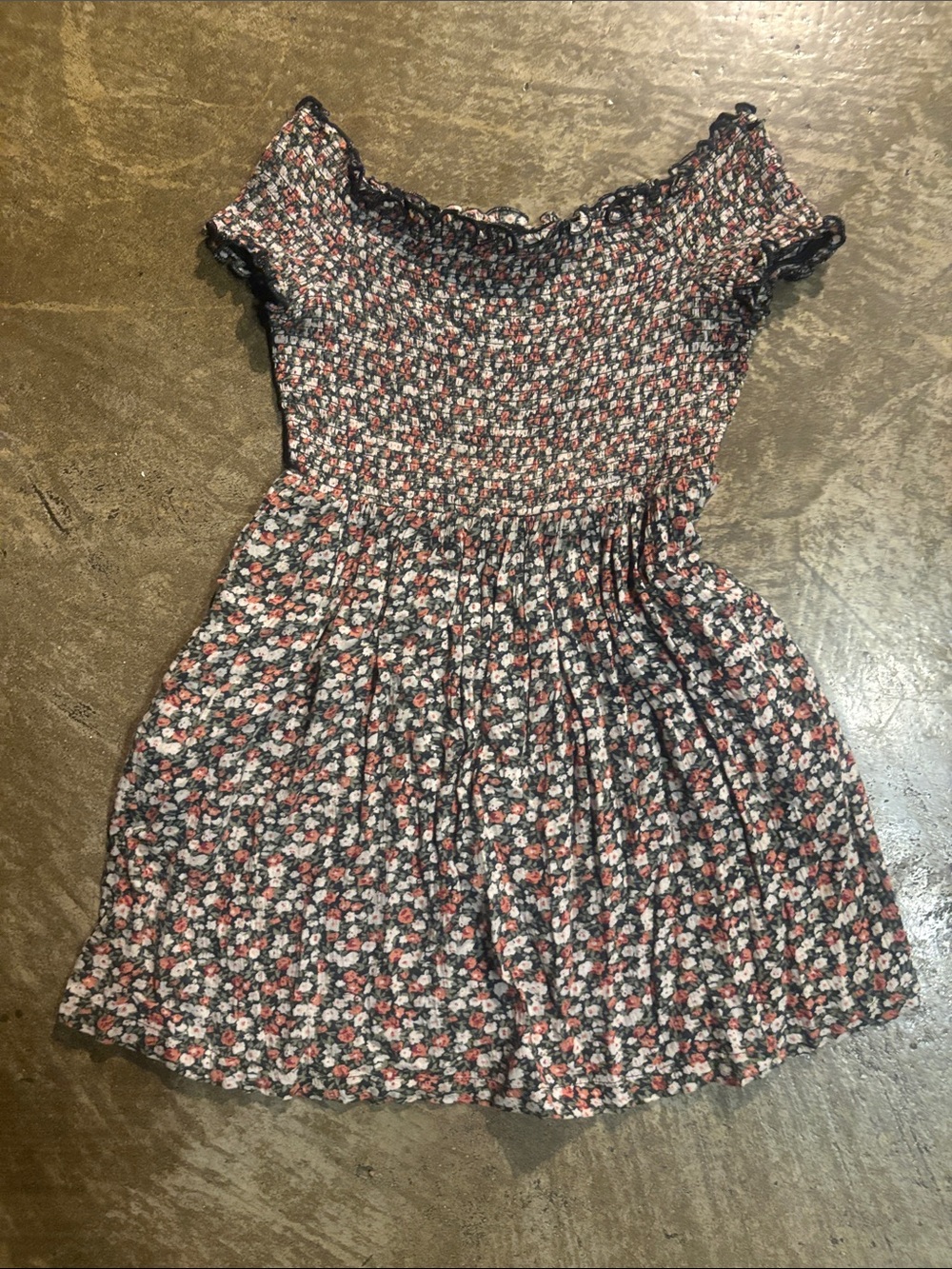 Volcom Black Floral Smocked Dress with Pink and White Blooms